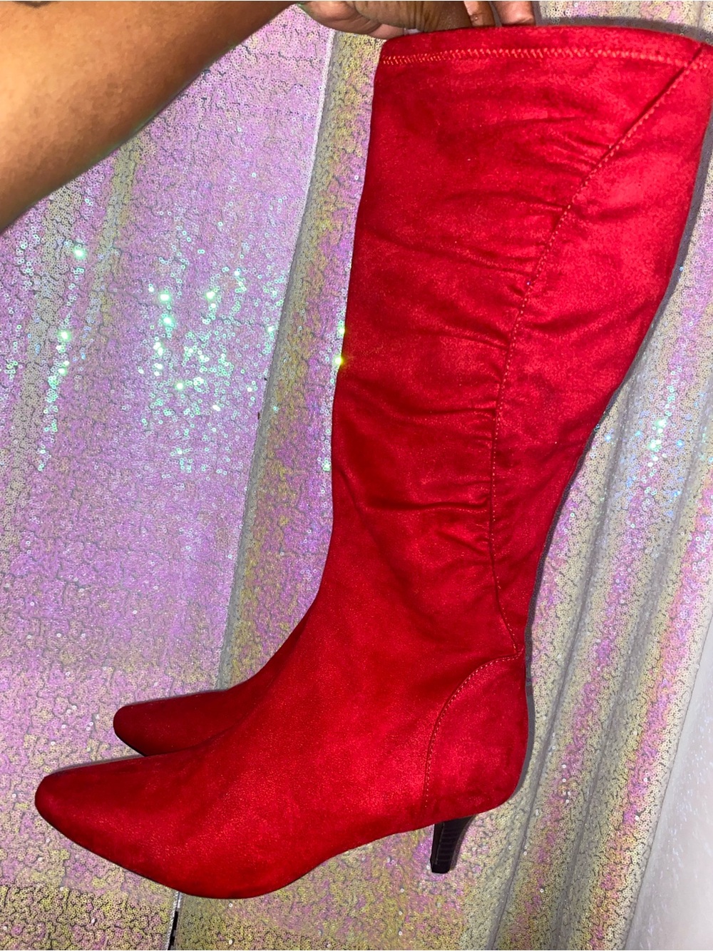 Fashion Nova Red Over-the-Knee Pointed Toe Kitten Heel Boots